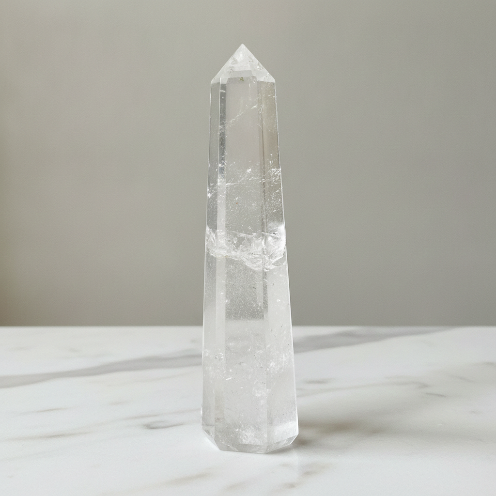 Clear quartz obelisk point on a marble worktop in daylight