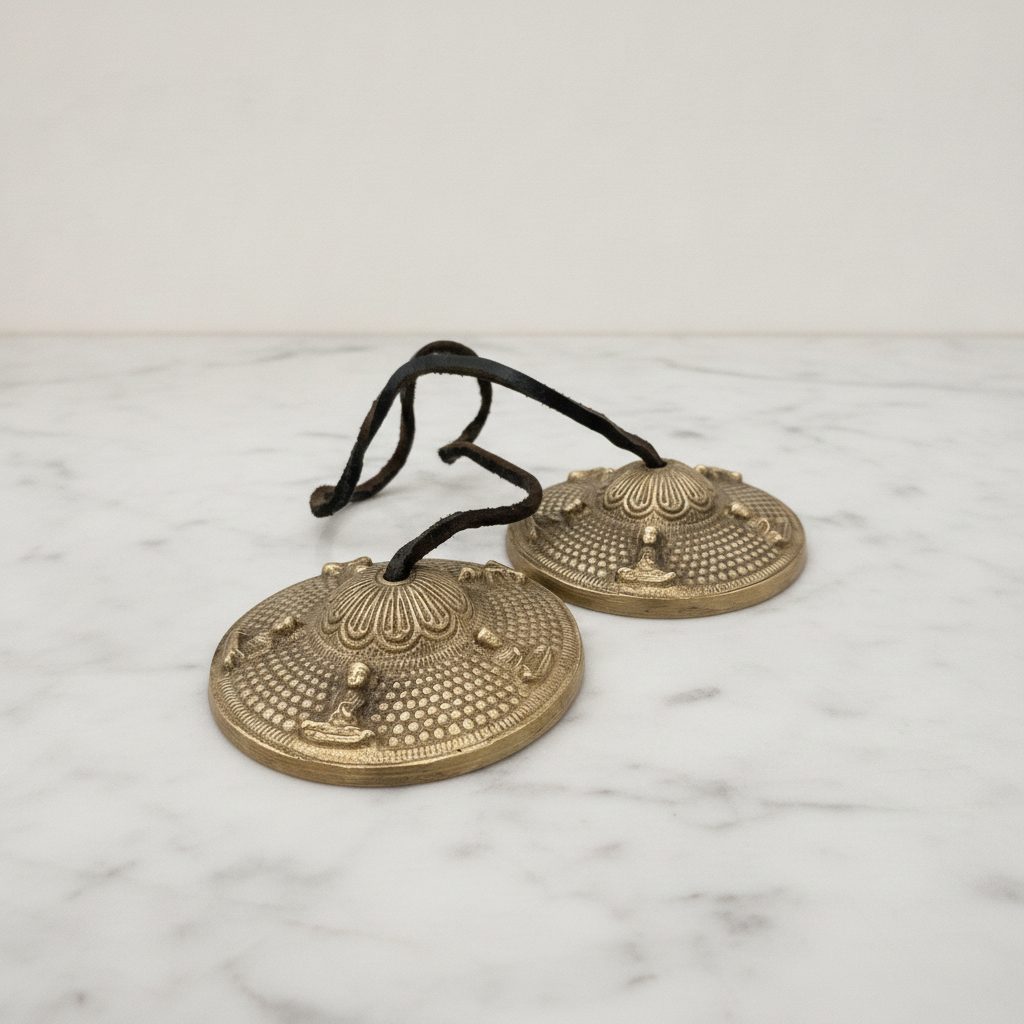 Pair of Tibetan tingsha cymbals on marble, seen from above