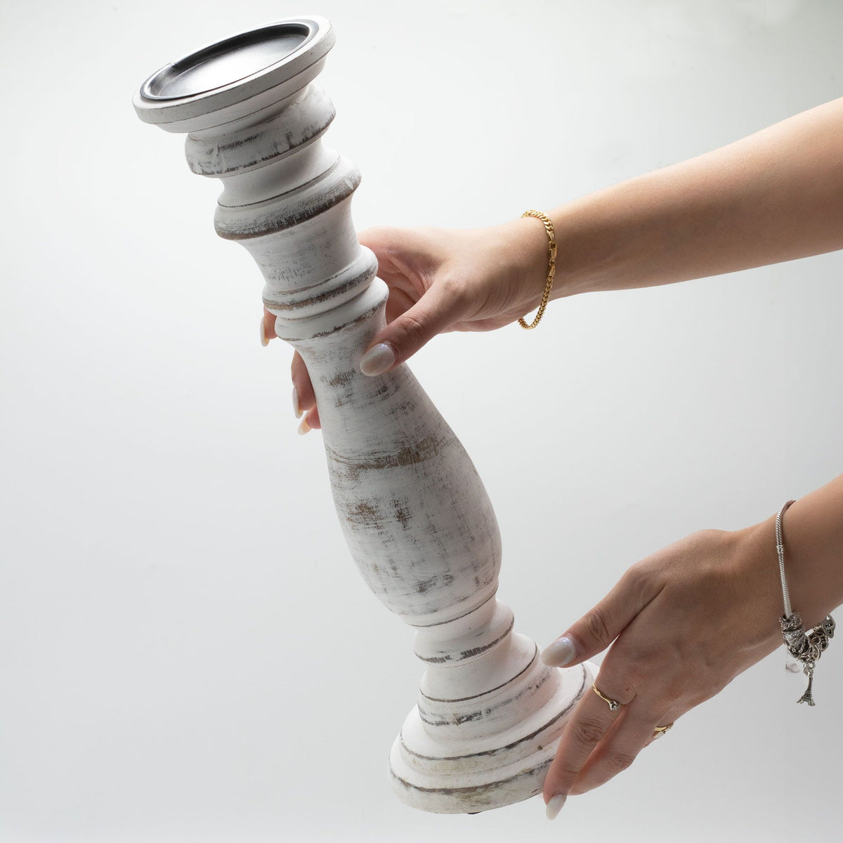 Tall turned mango wood candle stand in a distressed whitewash finish - view 3