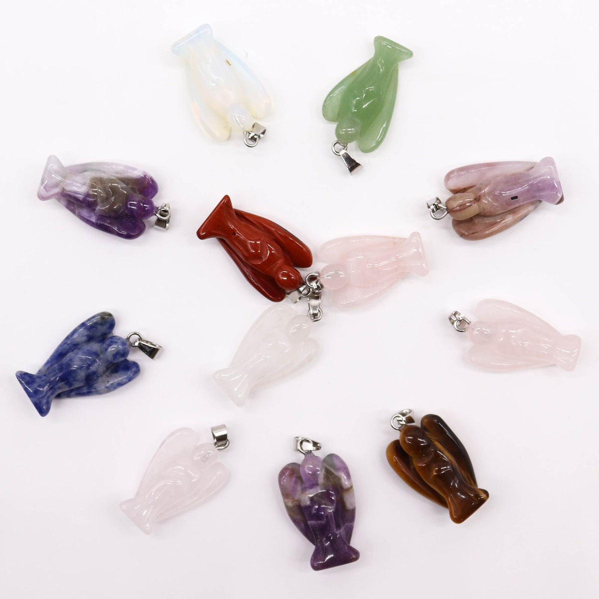 Assorted gemstone mini angel pendants with silver plated bails