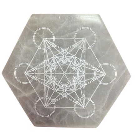 Large hexagonal selenite charging plate engraved with a direction and decision design