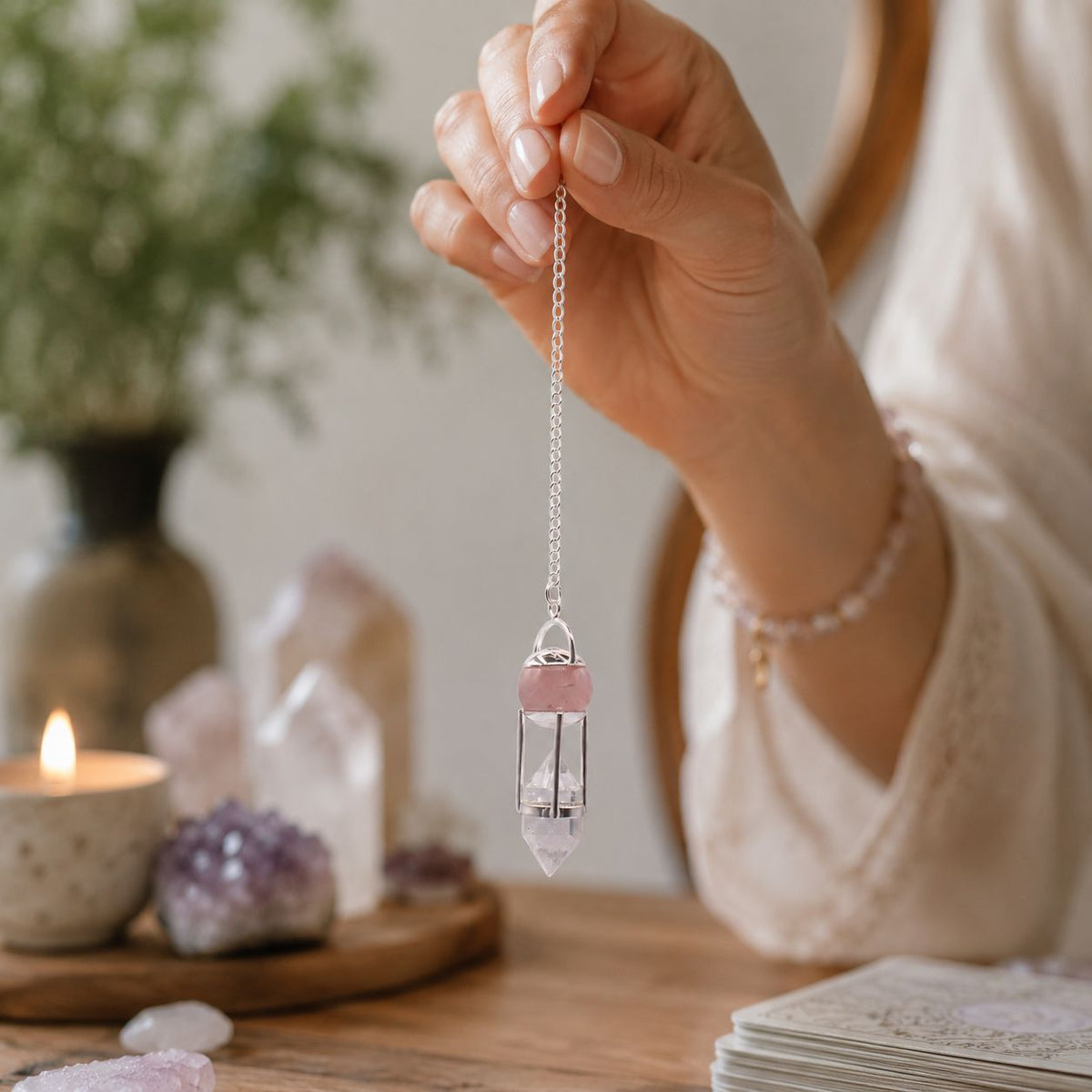 The Heart Whisperer - Double Power Pendulum - Rose Quartz Globe - Clear Quartz Double Terminated - view 3