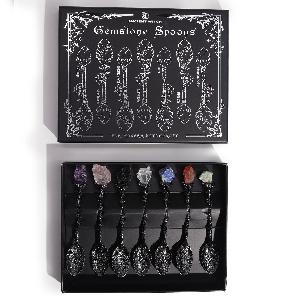 Set of 7 Dark Silver Gemstone Crystal Witch Spoons - view 2