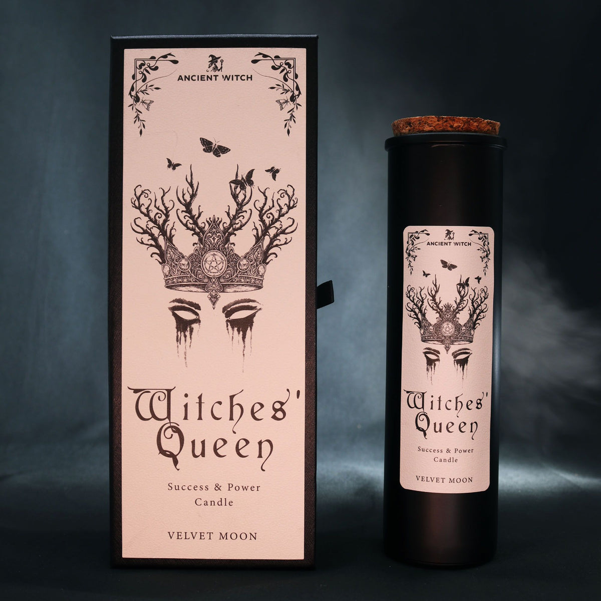 Black Witches' Queen candle tube beside its illustrated box, on cotton canvas - view 3