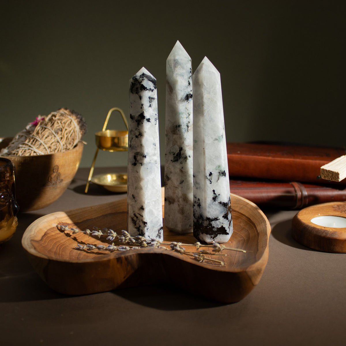 Large rainbow moonstone six face obelisk point, milky white with blue flash - view 3