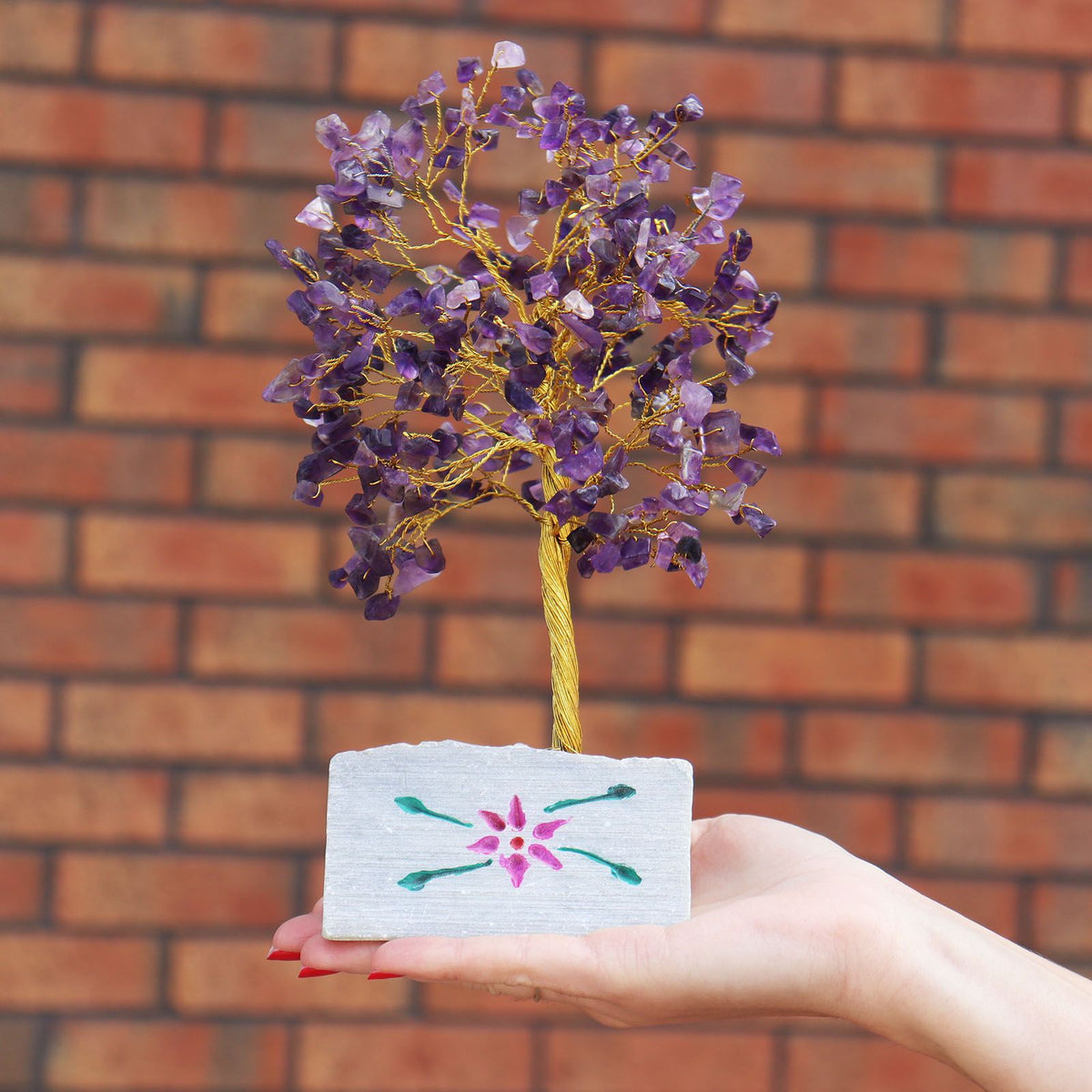 Small amethyst chipstone tree on a hand-painted stone base, on rumpled linen - view 4