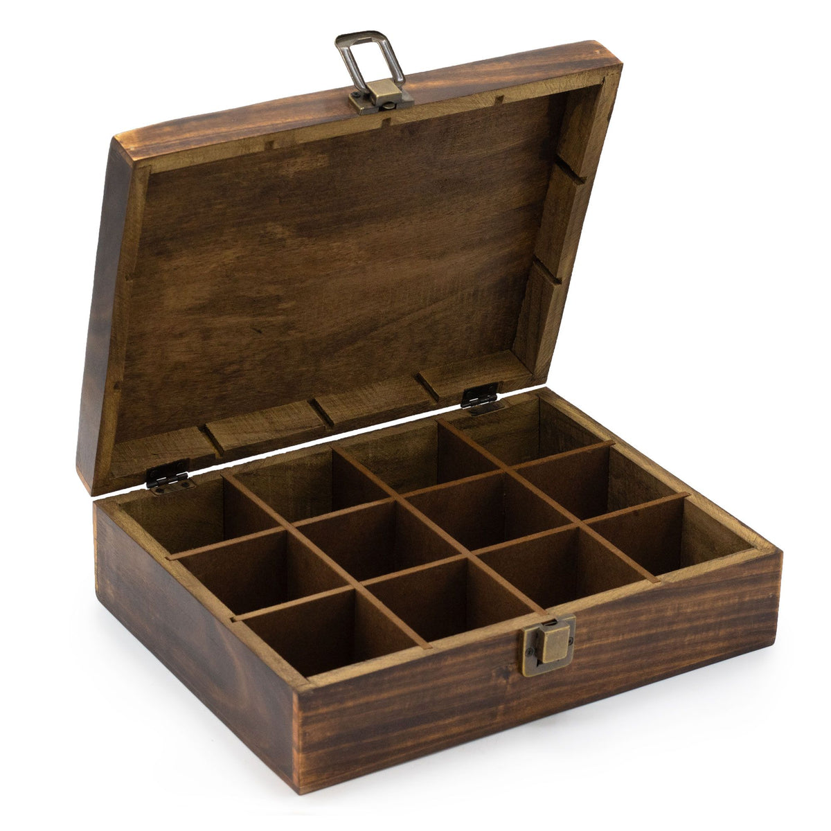 Carved mango wood tea box with twelve compartments and a brass clasp - view 2