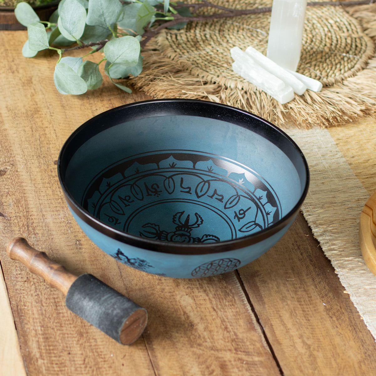 Large Aluminium Singing Bowl - Tibetan Double Dorje Design - Blue (27cm) - view 4