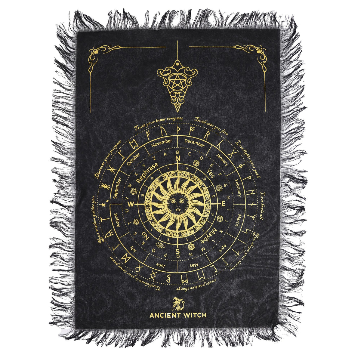 Black and gold fringed pendulum divination cloth with a sun face at the centre - view 2