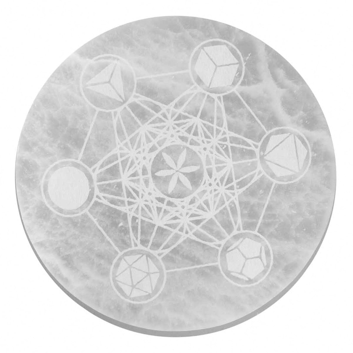 Large round selenite charging plate engraved with interlocking sacred geometry