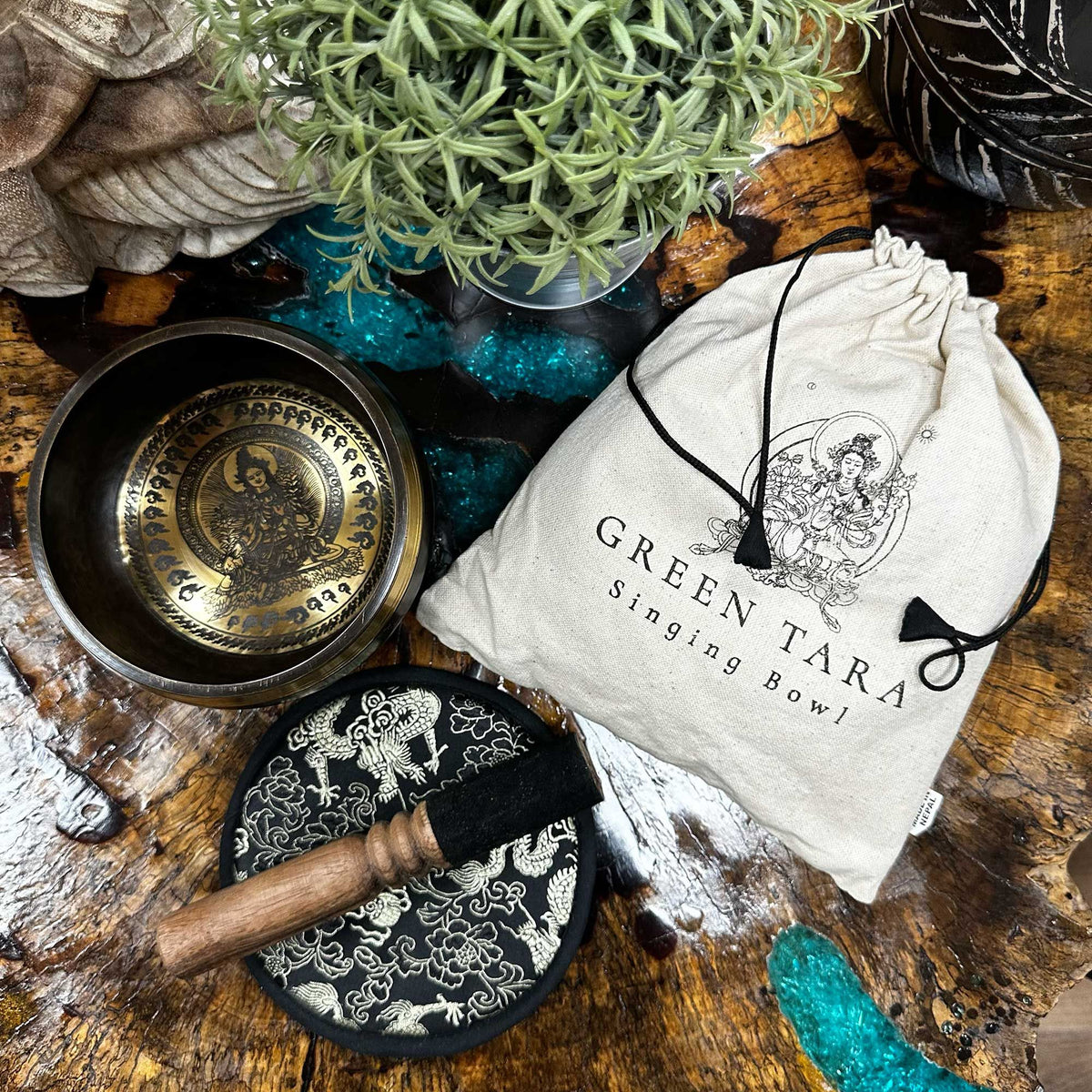 Hand Beaten & Engraved Singing Bowl Gift Set - 14cm - Green Tara - view 4