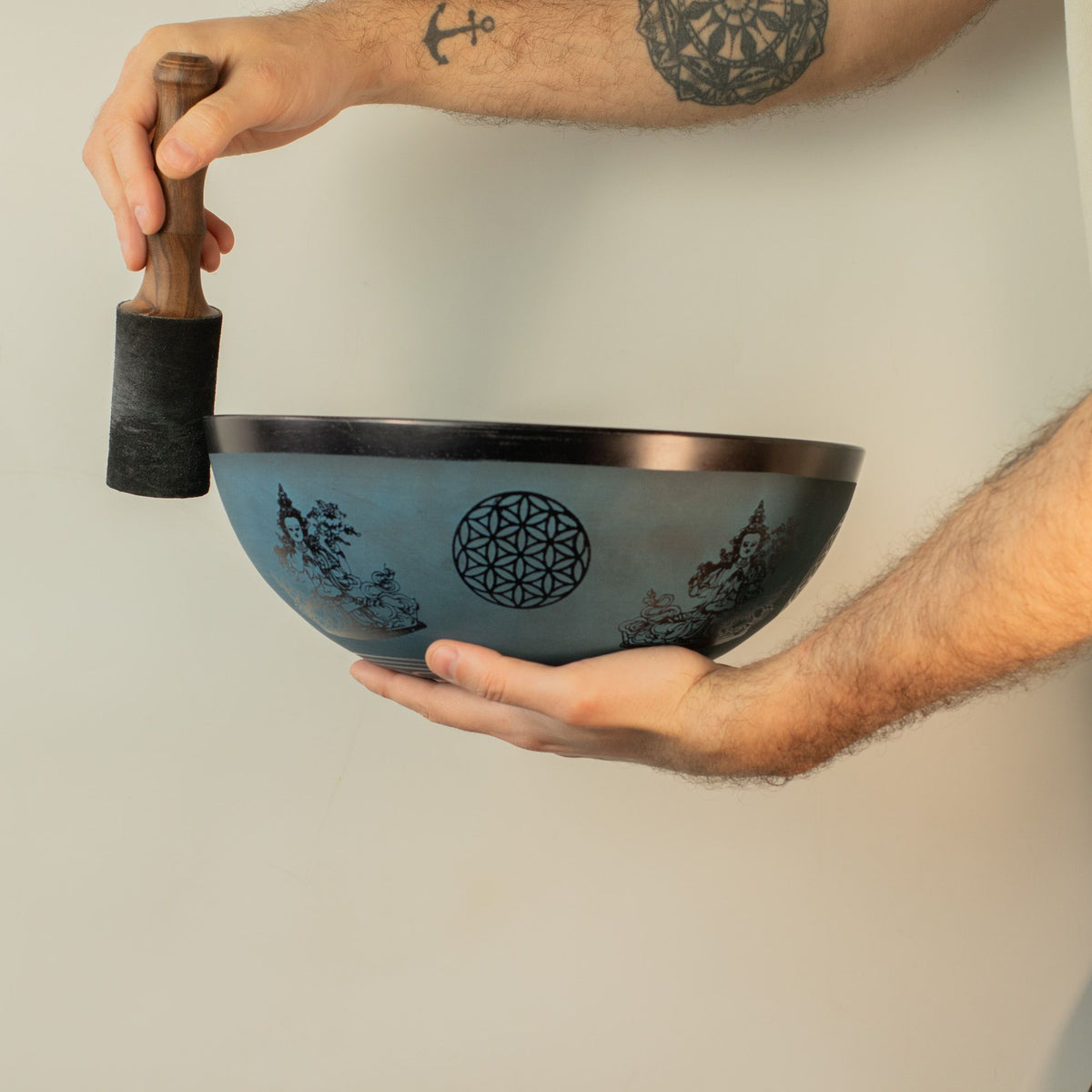 Large Aluminium Singing Bowl - Tibetan Double Dorje Design - Blue (27cm) - view 7