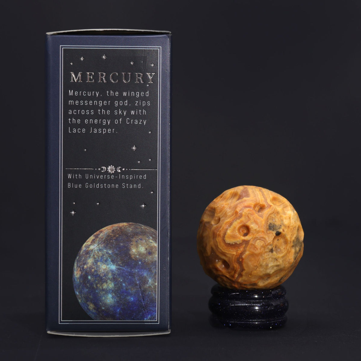 Crazy Lace Jasper Planet on a Goldstone Stand (MERCURY)