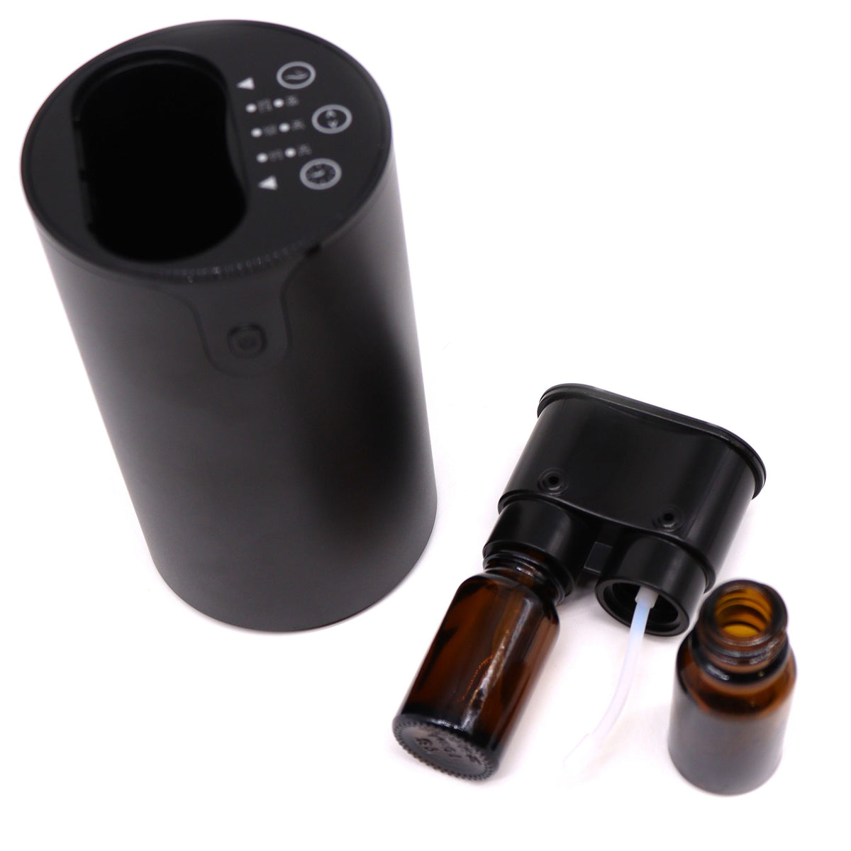 Double waterless essential oil nebuliser in dark wood finish with two oil bottles - view 4