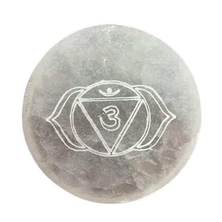 Set of seven small selenite charging plates, one engraved and coloured per chakra - view 8