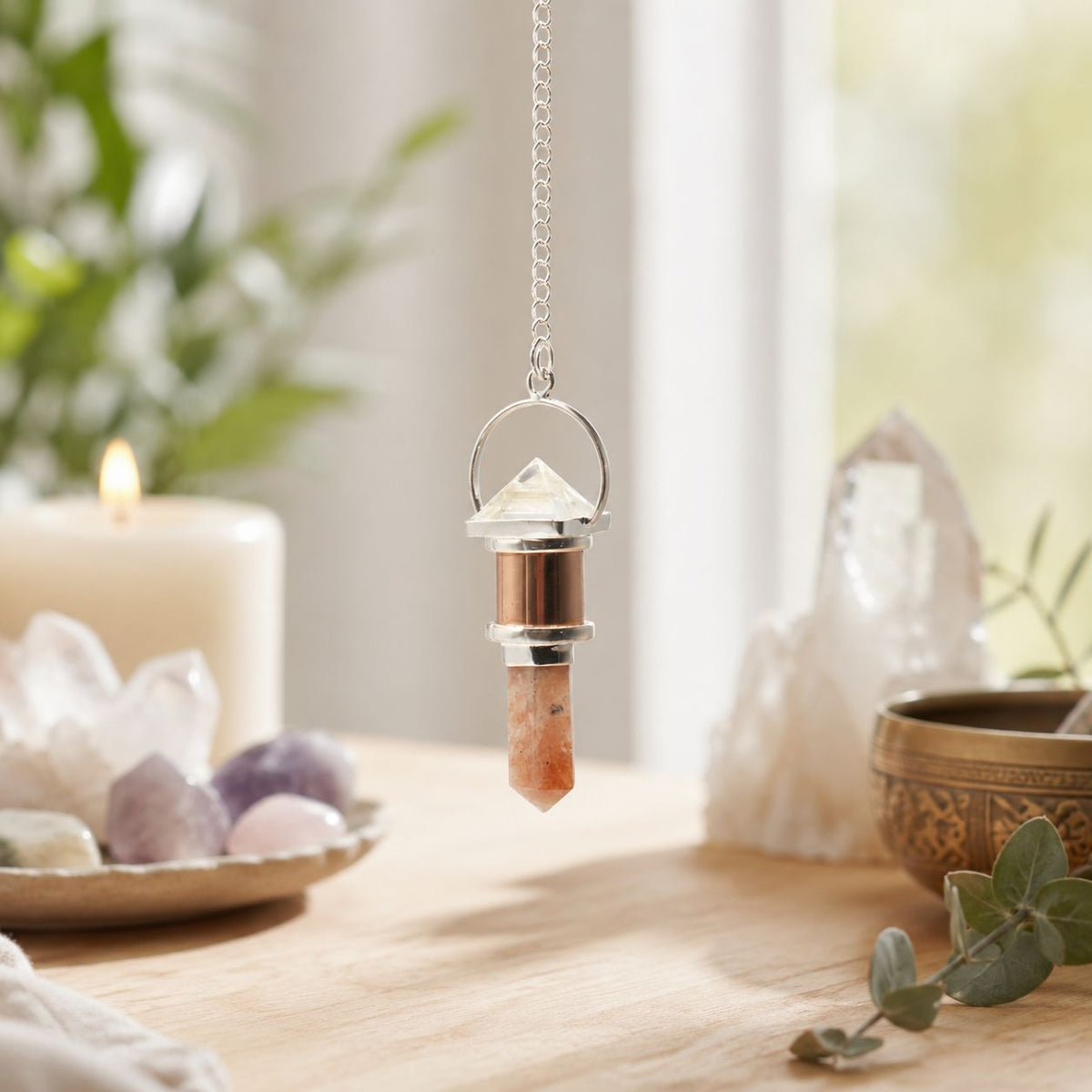 The Moon Chamber - Combo Piece Copper Pendulum - Clear Quartz & Sunstone - view 3