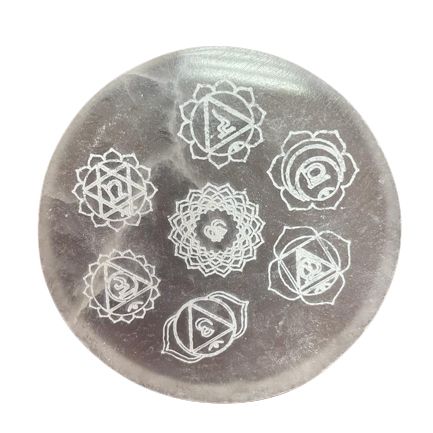 Small round selenite charging plate engraved with the seven chakra symbols - view 2