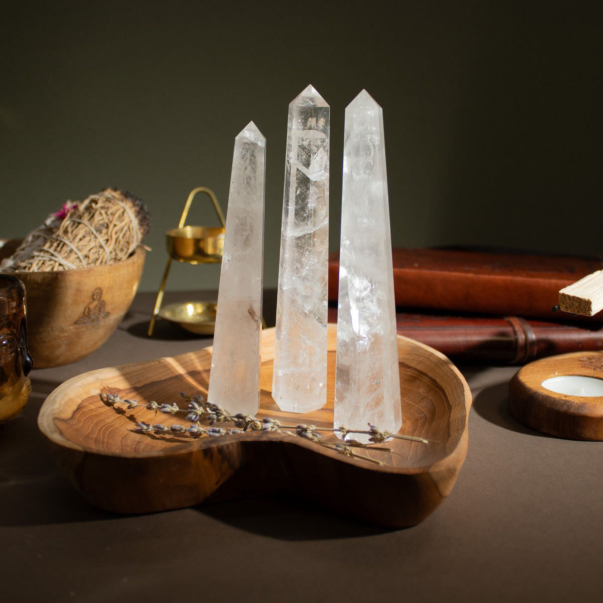 Tall six-sided clear quartz obelisk point - view 4