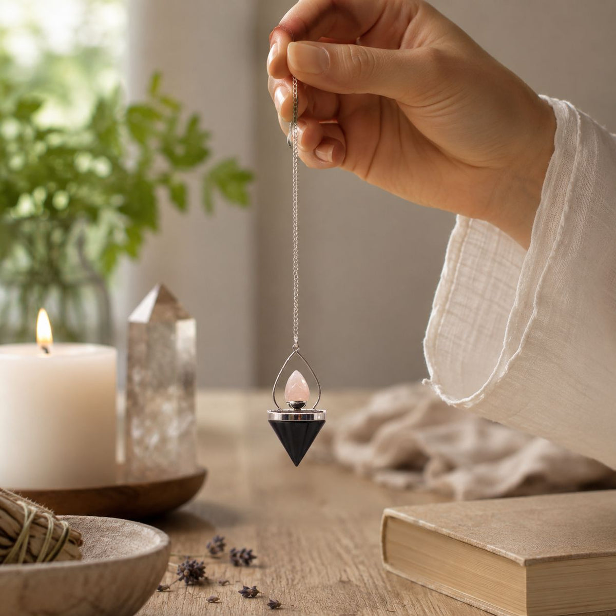 Gemstone Lantern of Life Pendulum - Black Agate & Rose Quartz - view 3