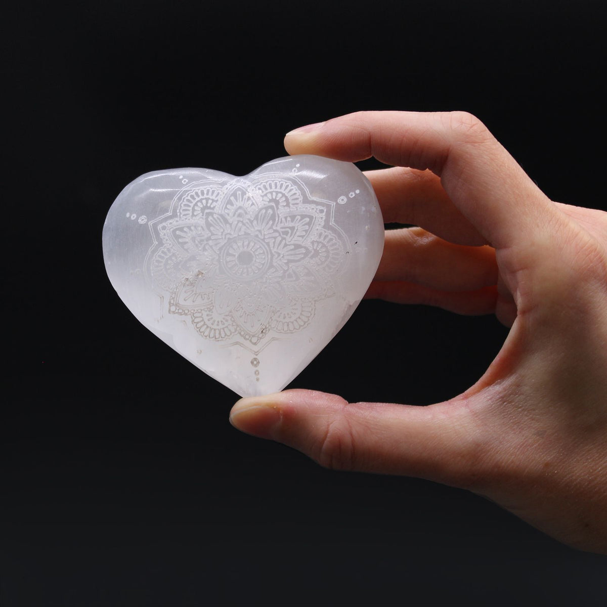 Selenite Heart - Small, Mandala Engraved - view 3