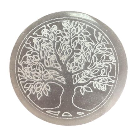 Small round selenite charging plate engraved with the Tree of Life