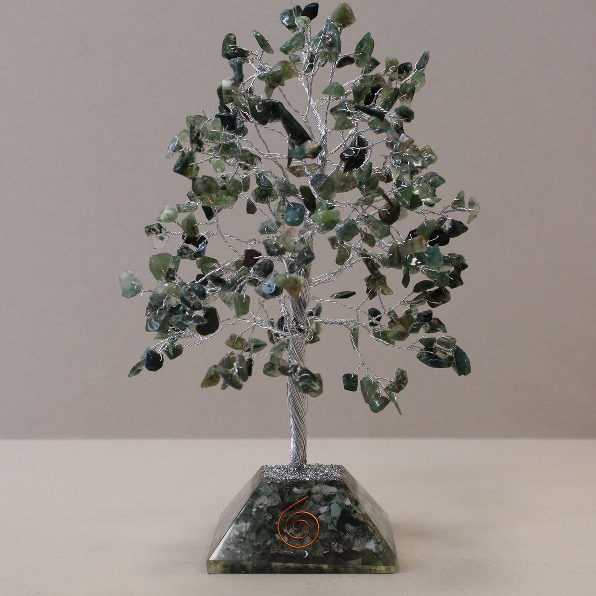 Moss agate chipstone tree on a speckled orgonite base, on rumpled linen - view 4