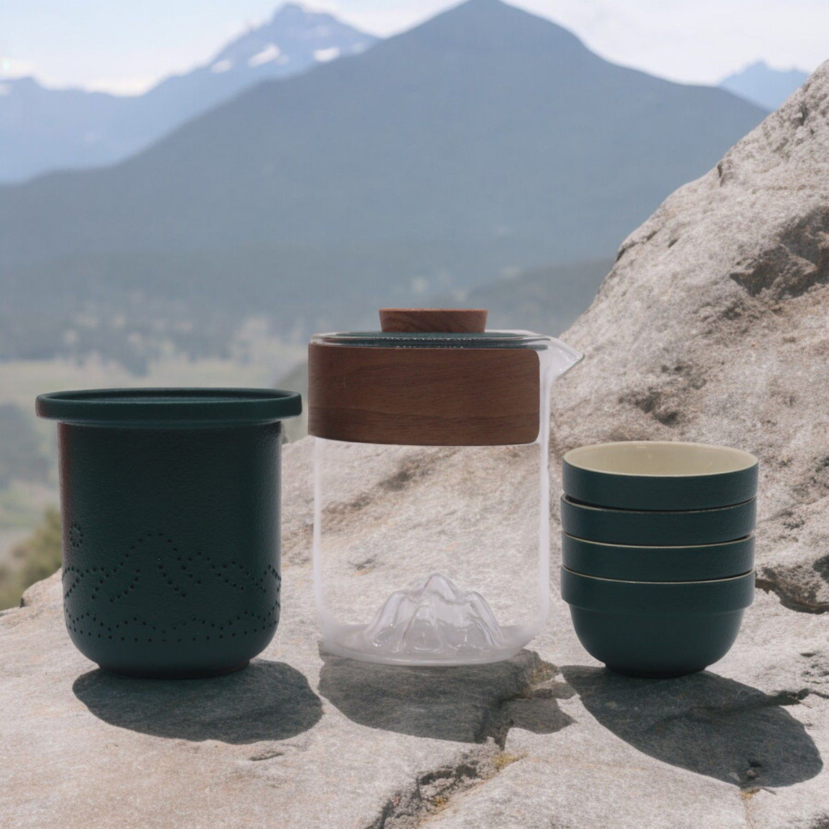 Teal and glass travel tea set with teapot, infuser and four stacking cups - view 3