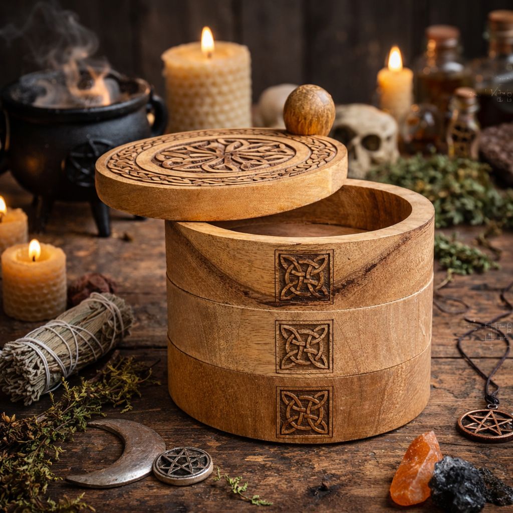 Carved wooden Celtic box with its three tiers fanned open, on cotton-rag paper - view 7