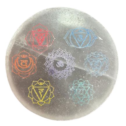 Medium round selenite charging plate with the seven chakra symbols in colour - view 3