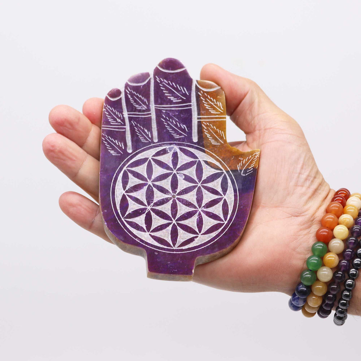 Soapstone Med Hamsa Incense Holder - Flower of Life - view 2