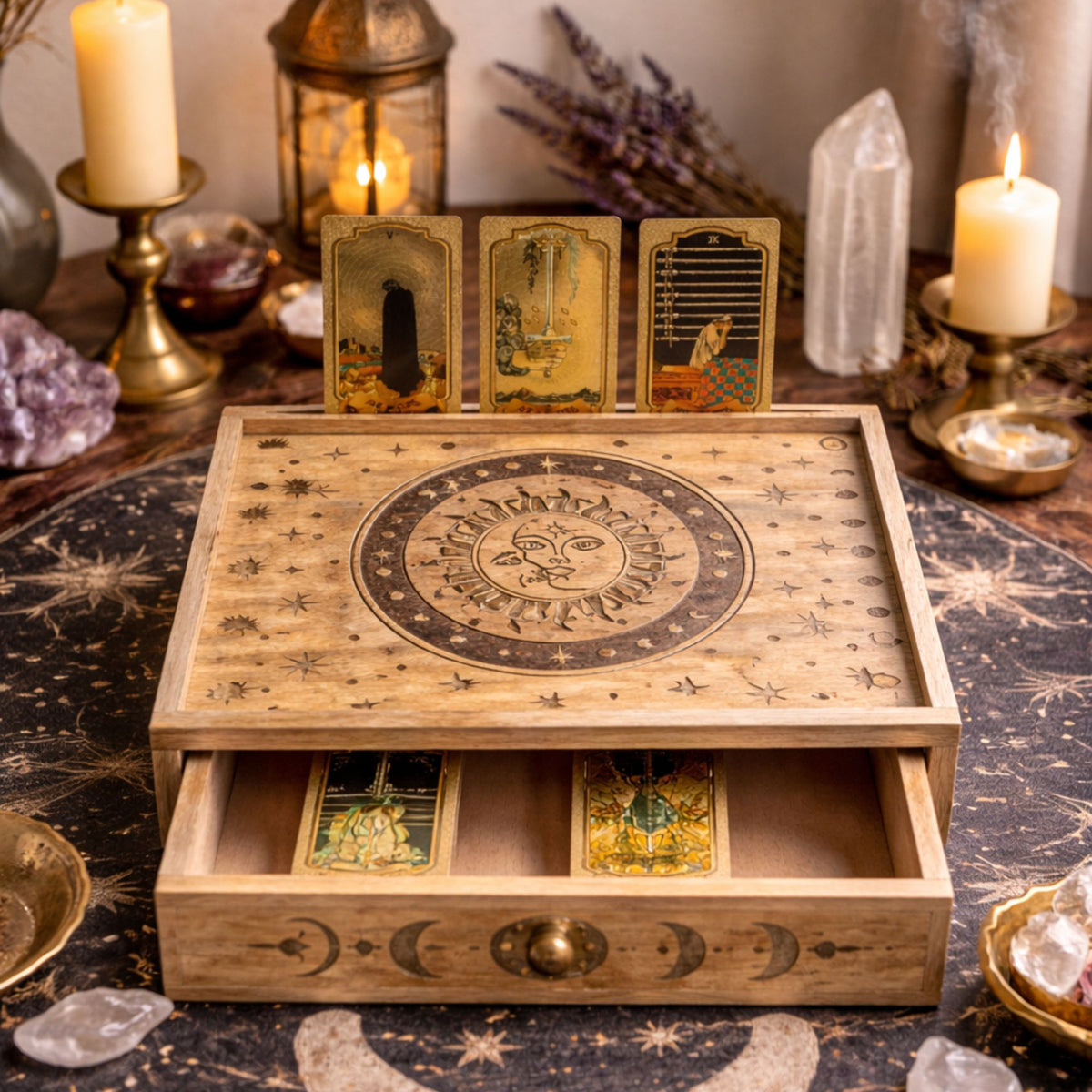 Sun Moon Carved Tarot Box with Drawer - view 5