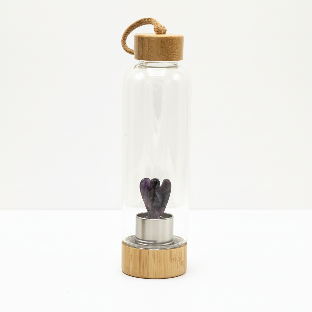 Amethyst crystal glass water bottle with a carved angel inside on a clean white surface against a white wall