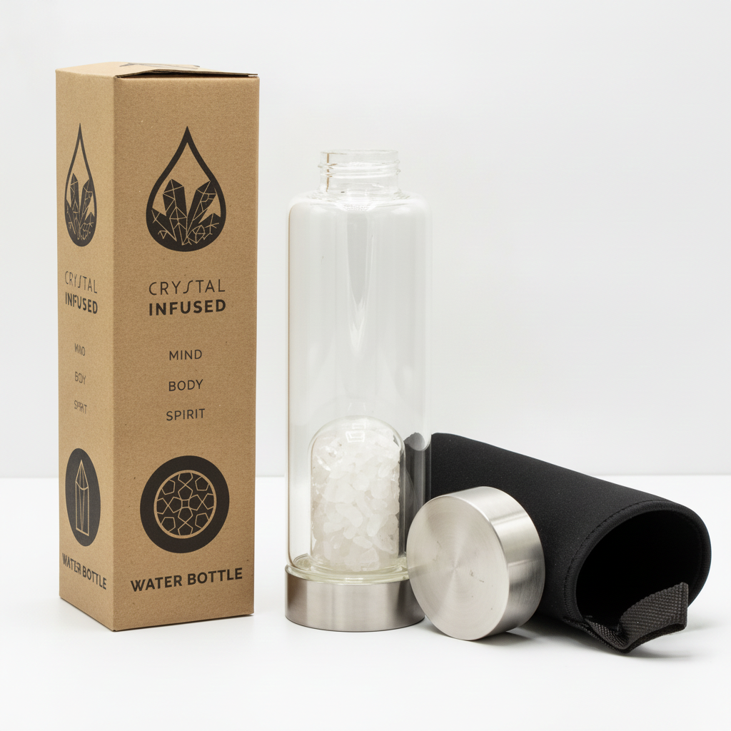 Clear quartz crystal glass water bottle with crystal chips inside on a clean white surface against a white wall