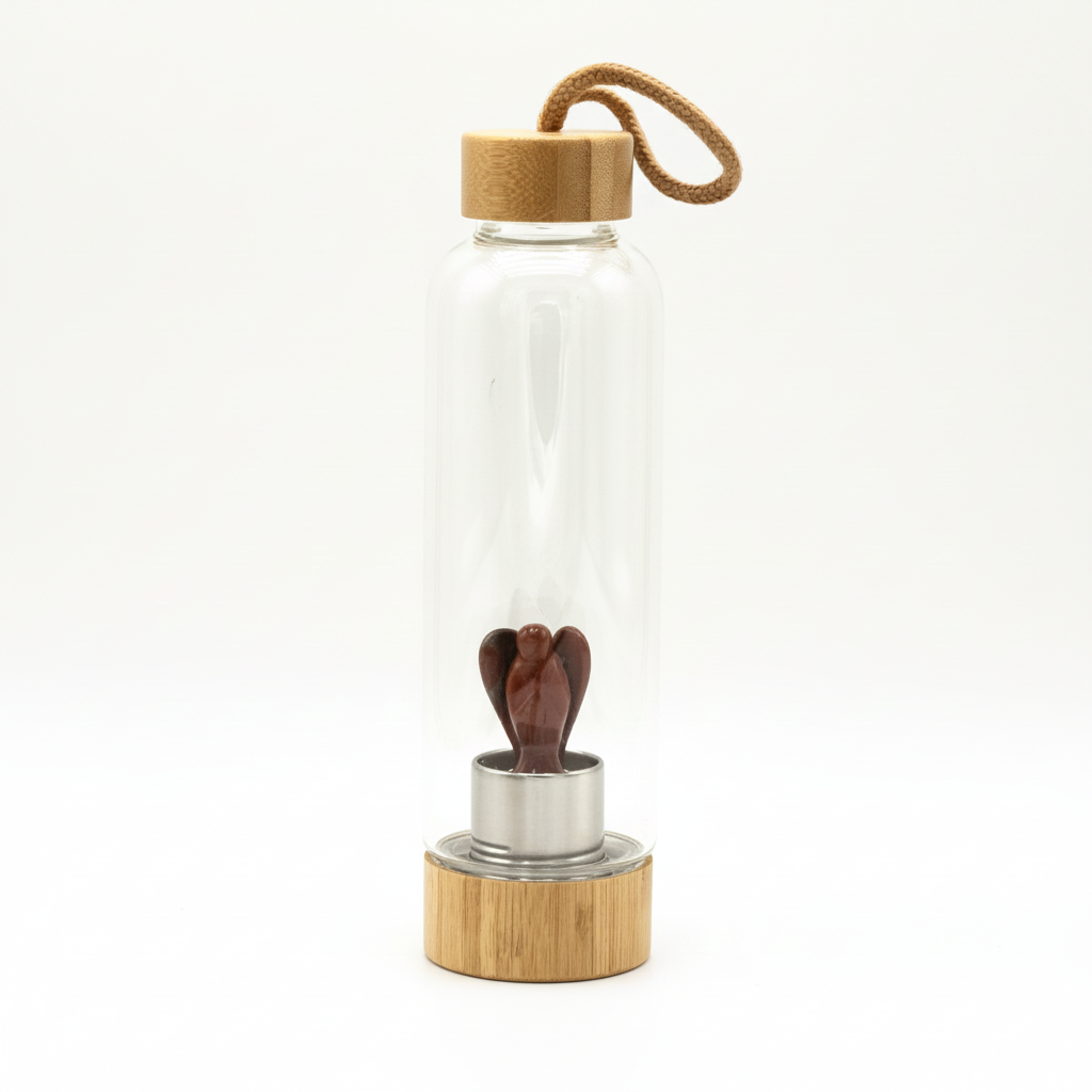 Red jasper crystal glass water bottle with a carved angel inside on a clean white surface against a white wall