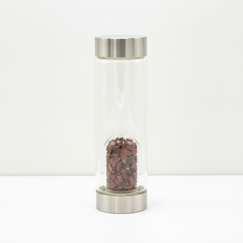 Red jasper crystal glass water bottle with crystal chips inside on a clean white surface against a white wall