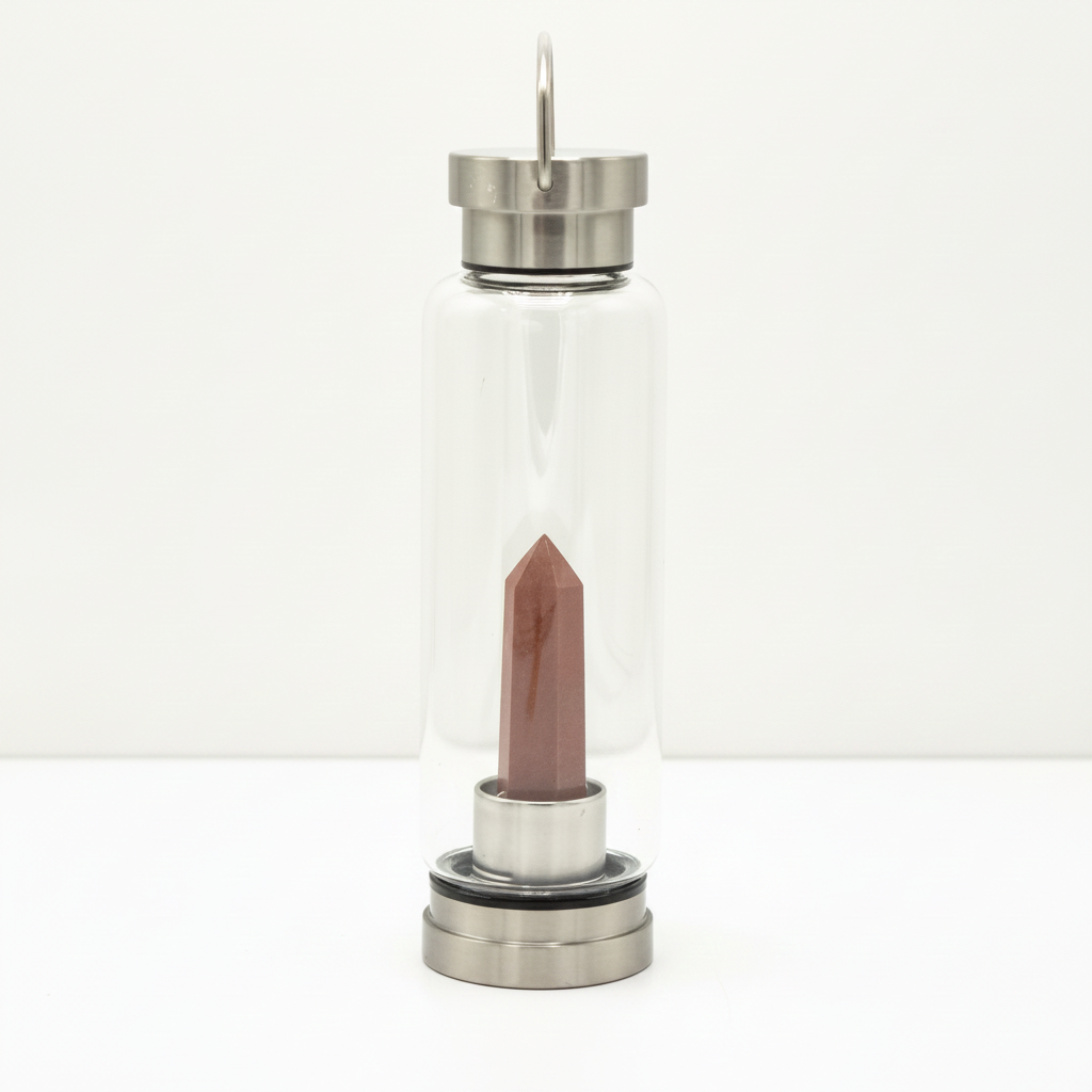 Red jasper crystal glass water bottle with an obelisk inside on a clean white surface against a white wall