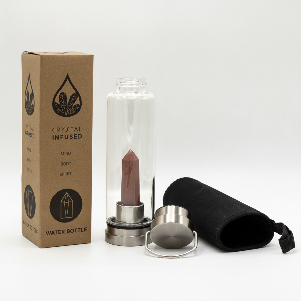 Red jasper crystal glass water bottle with an obelisk inside on a clean white surface against a white wall