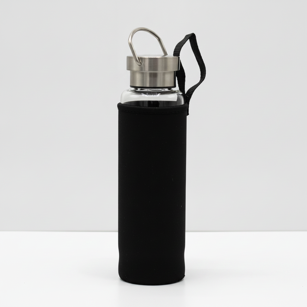 Red jasper crystal glass water bottle with an obelisk inside on a clean white surface against a white wall