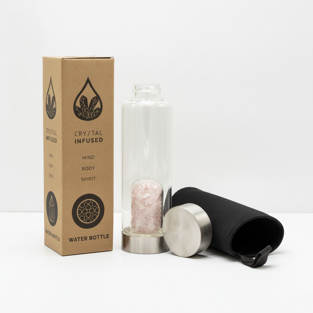 Rose quartz crystal glass water bottle with crystal chips inside on a clean white surface against a white wall