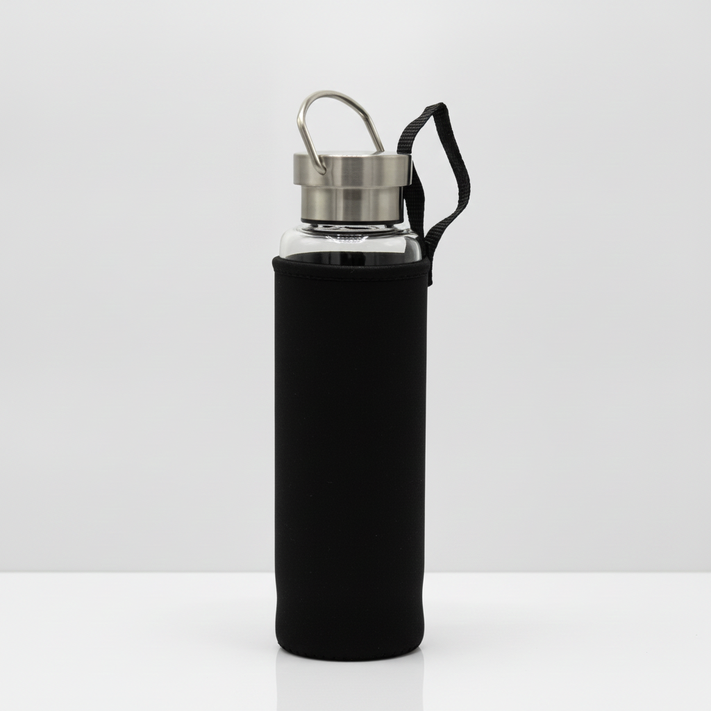 Clear quartz crystal glass water bottle on a clean white surface against a white wall