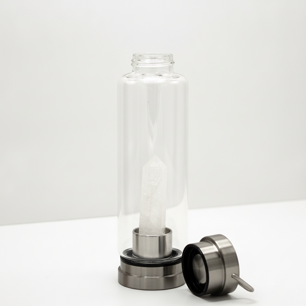 Clear quartz crystal glass water bottle on a clean white surface against a white wall