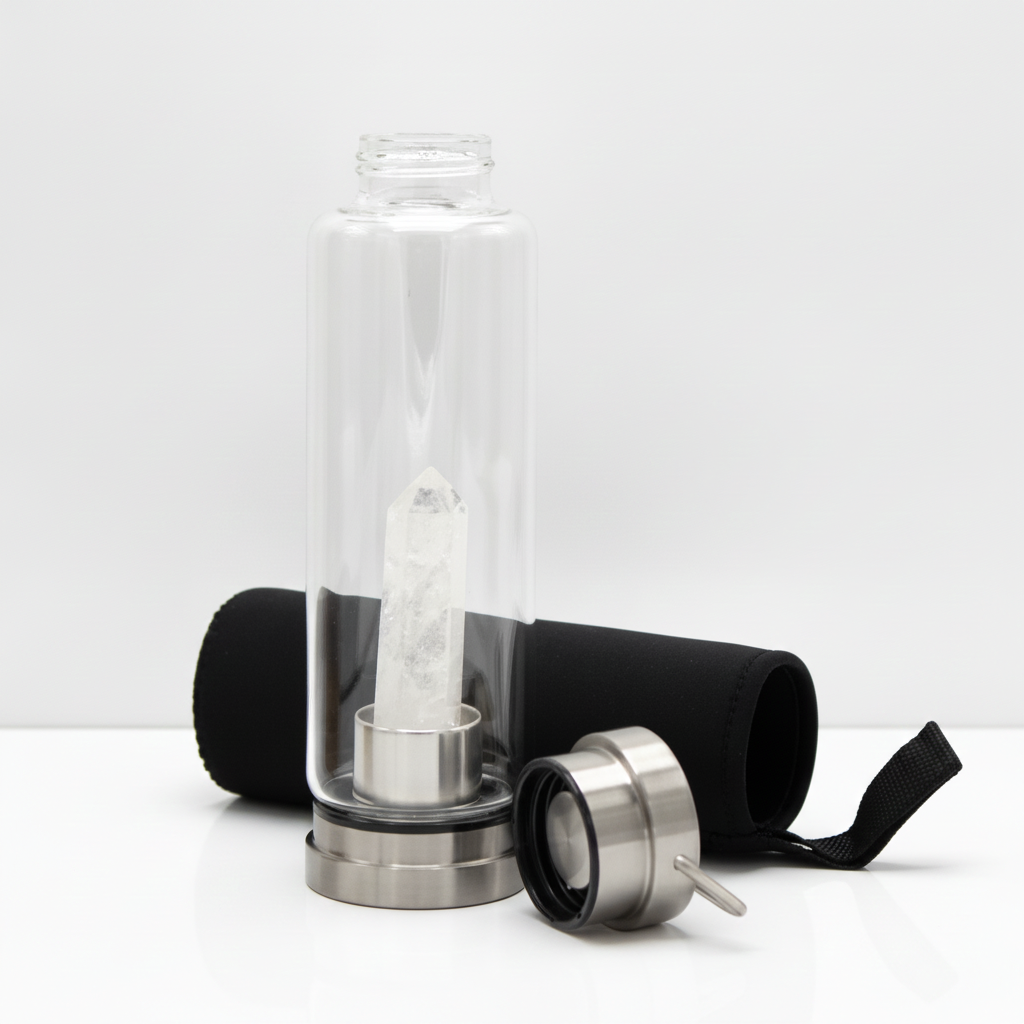 Clear quartz crystal glass water bottle on a clean white surface against a white wall