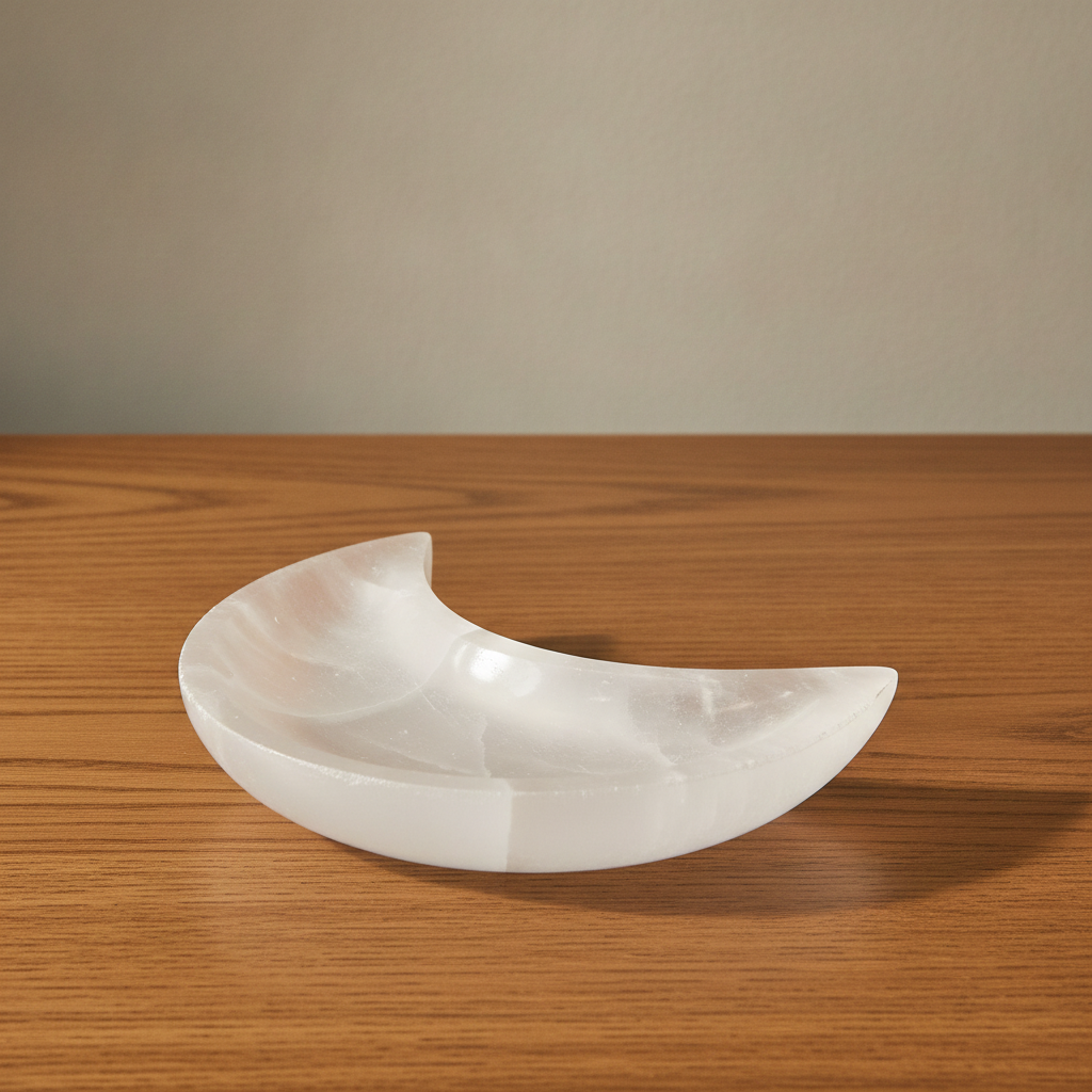 Crescent moon dish carved from white Moroccan selenite
