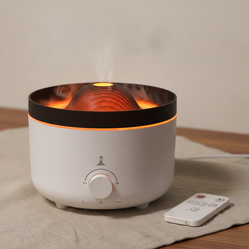 Large volcano effect aroma diffuser with flame glow on natural linen