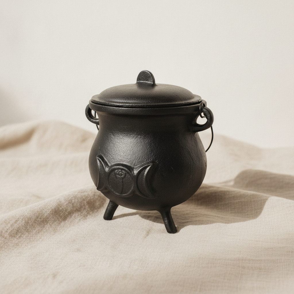 Cast iron cauldron with triple moon symbol and lid on natural linen