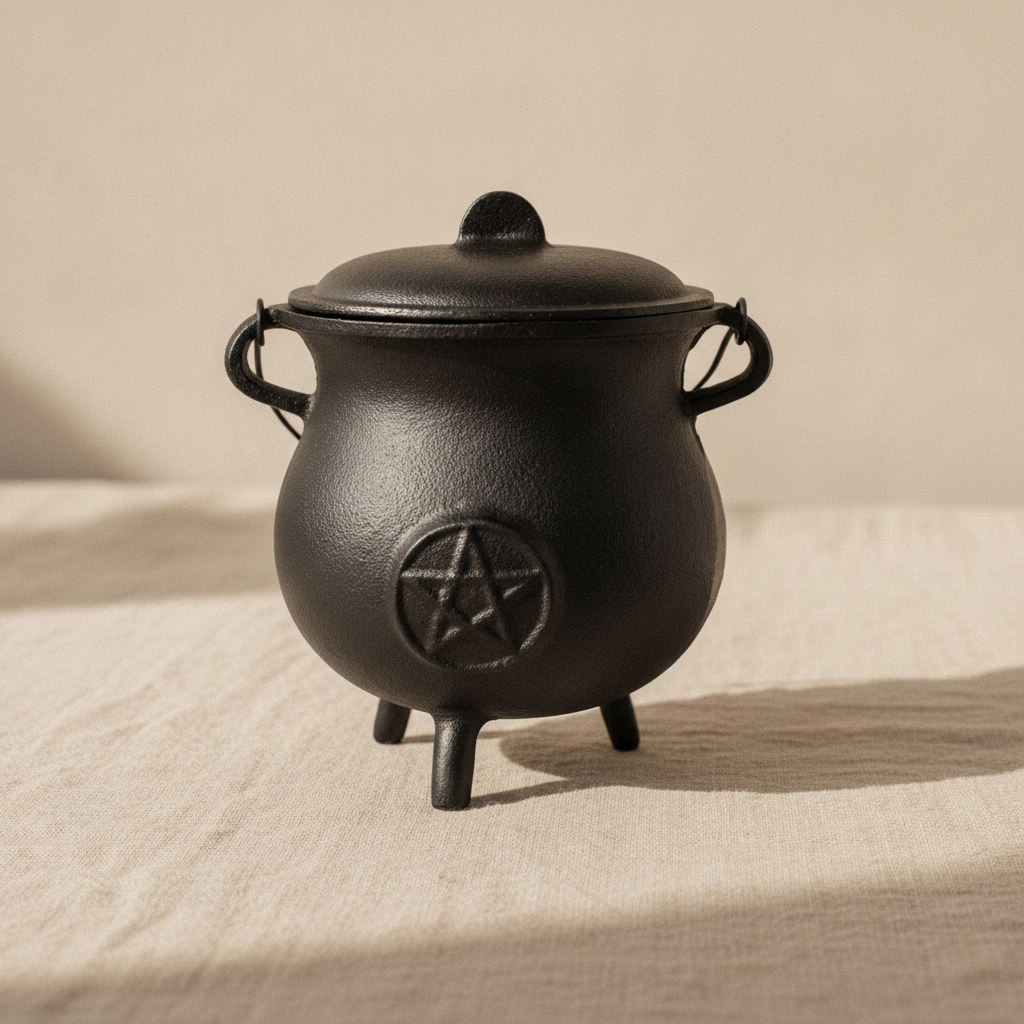 Cast iron cauldron with pentagram and lid on natural linen