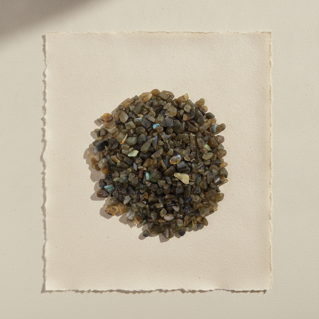 Labradorite gemstone chips on cotton rag paper