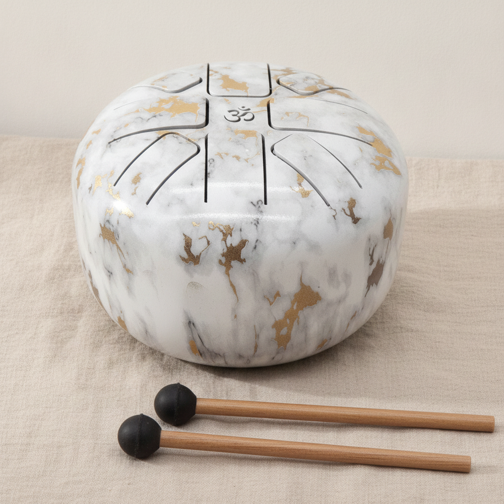 Large marble finish steel tongue drum with two mallets on natural linen