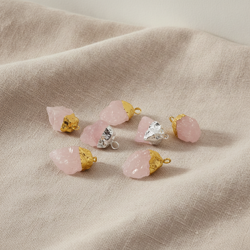 Six assorted rose quartz gold and silver plated pendants on natural linen