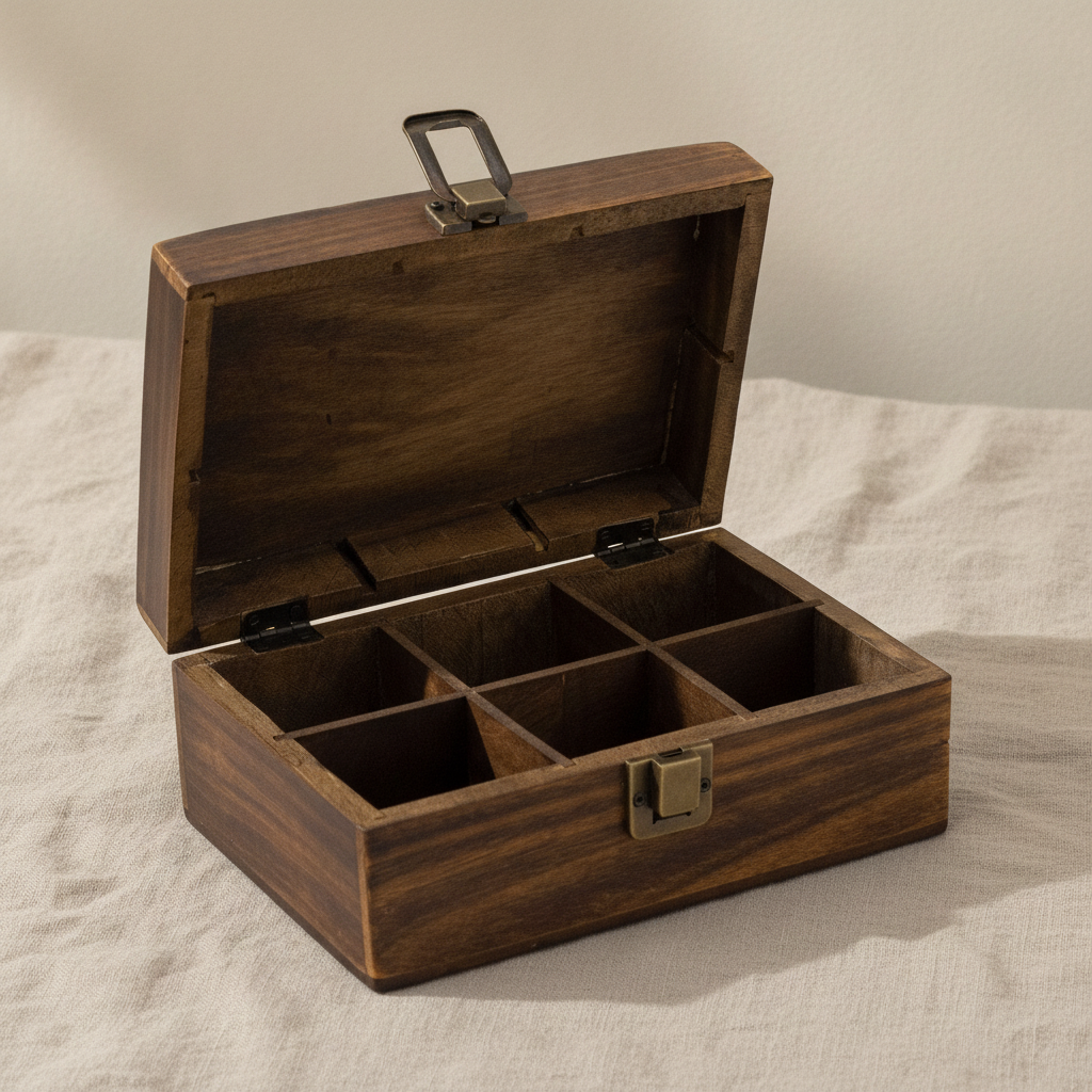 Carved mango wood tea box open showing six compartments, on natural linen